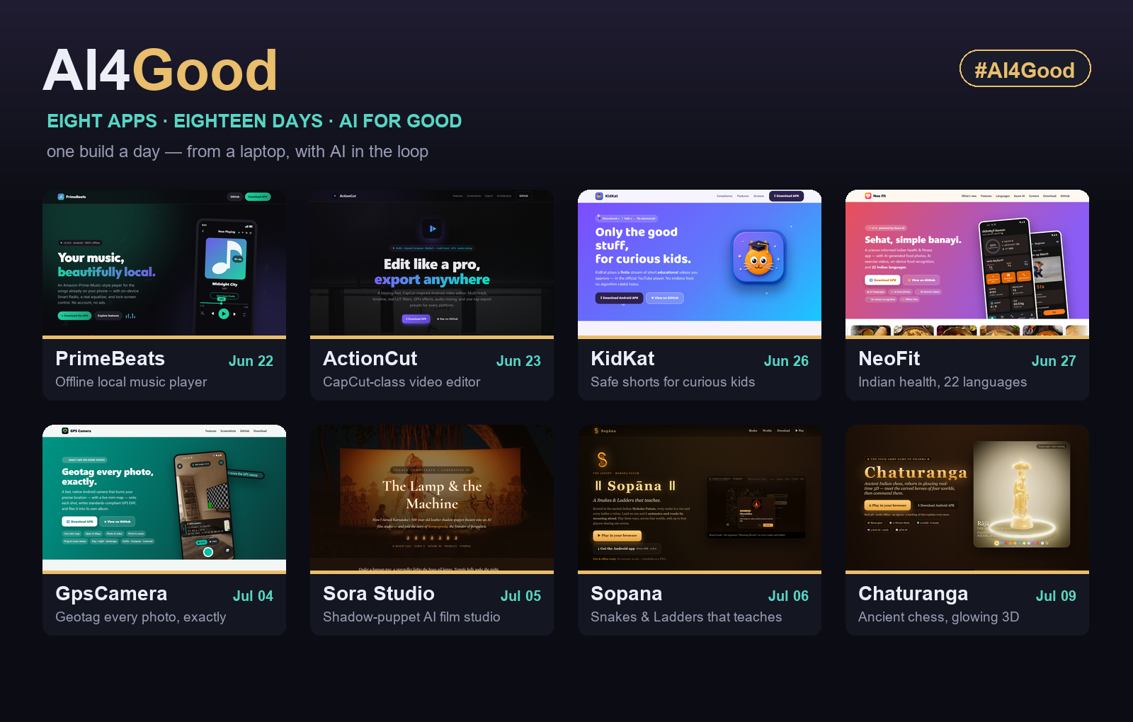 AI4Good — eight apps, eighteen days, AI for good