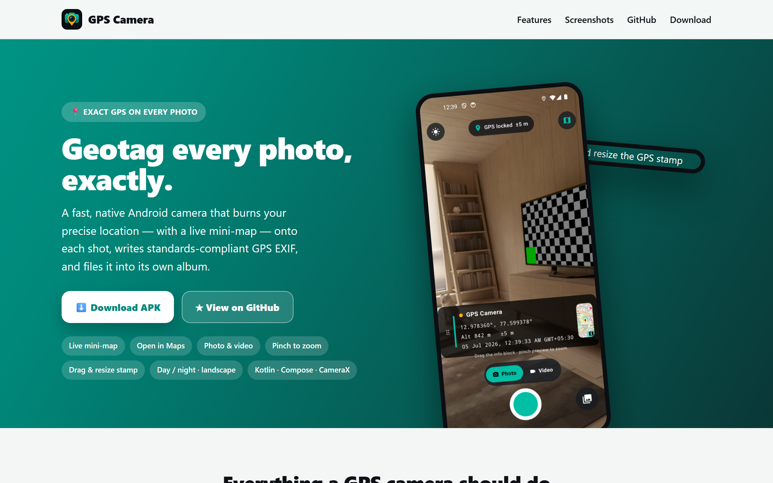 GpsCamera landing page — geotag every photo, exactly