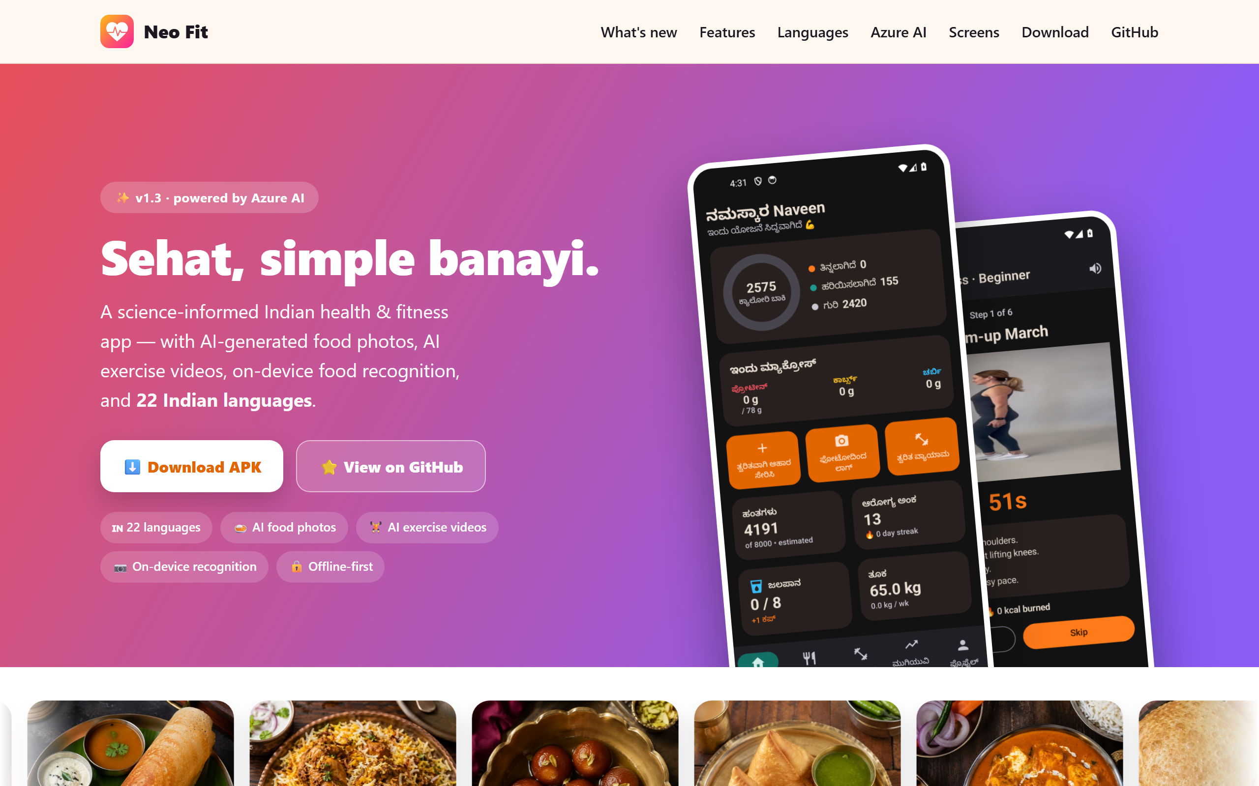 NeoFit landing page — Sehat, simple banayi