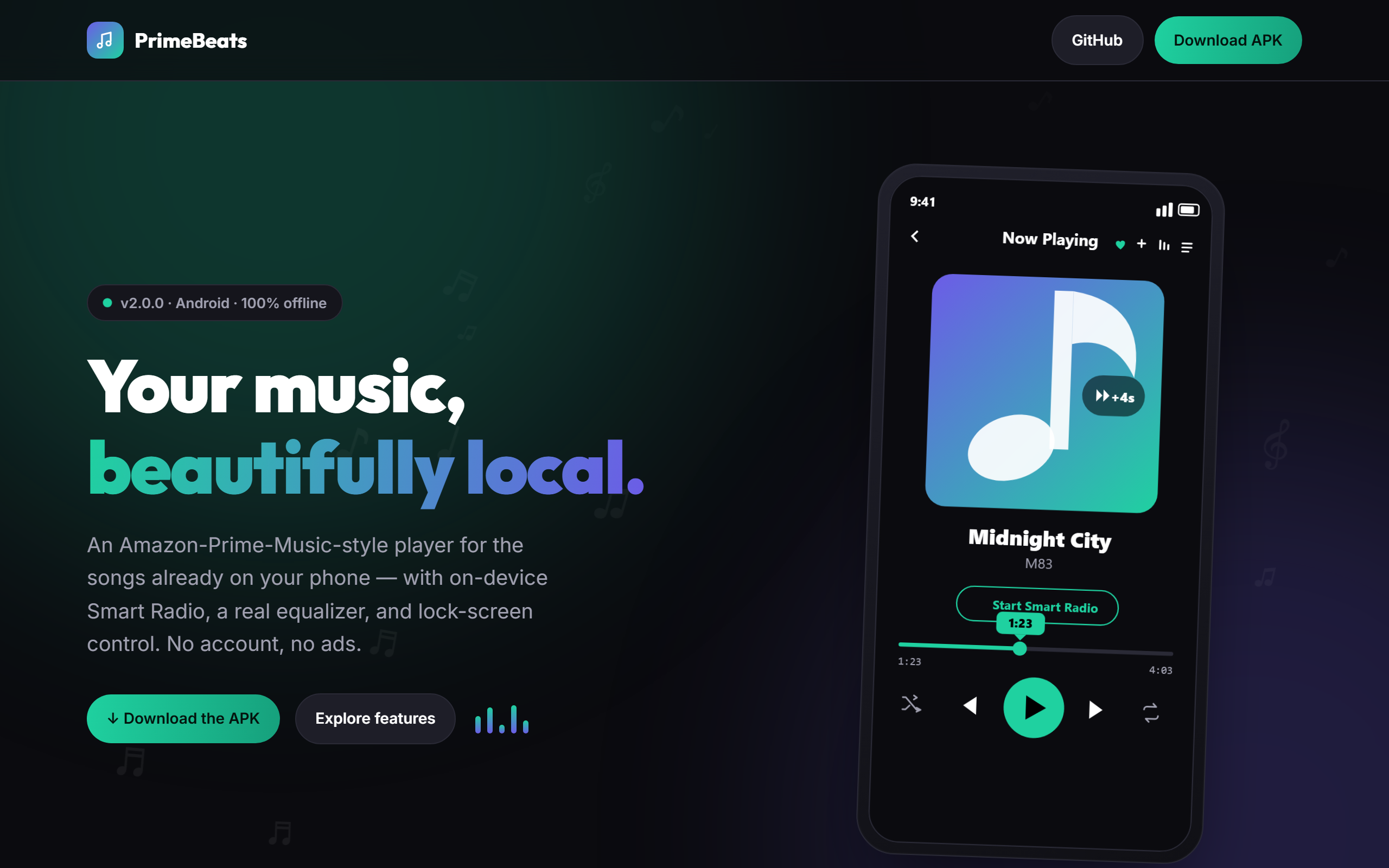 PrimeBeats landing page — your music, beautifully local