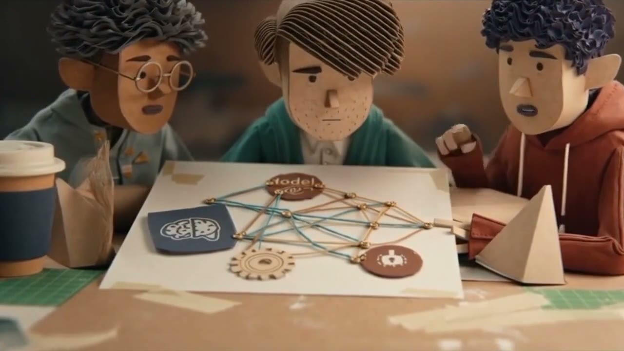 Three paper-craft developers puzzling over a tangle of string connecting a model, a brain, a gear and a robot