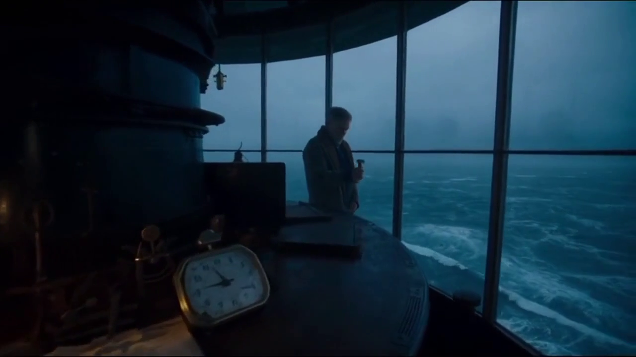 A photoreal cinematic frame of a lighthouse keeper watching a storm at blue hour, rendered by Sora-2