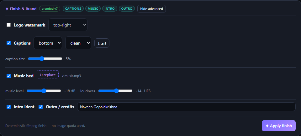 The Finish and Brand panel with watermark, captions, music bed and intro/outro toggles