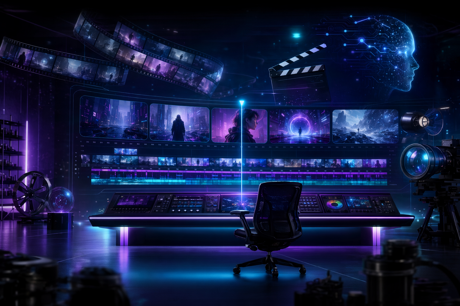A neon film-editing control room — the Video Gen Studio launch key art