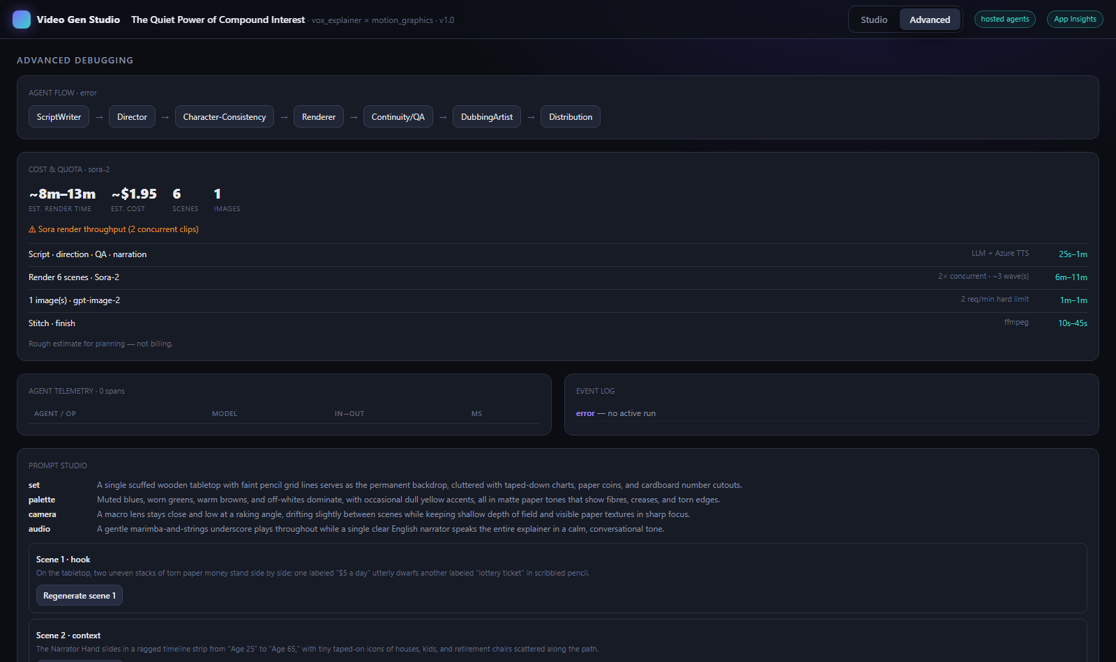 The cost and quota card showing an ETA band, rough cost, and the render bottleneck