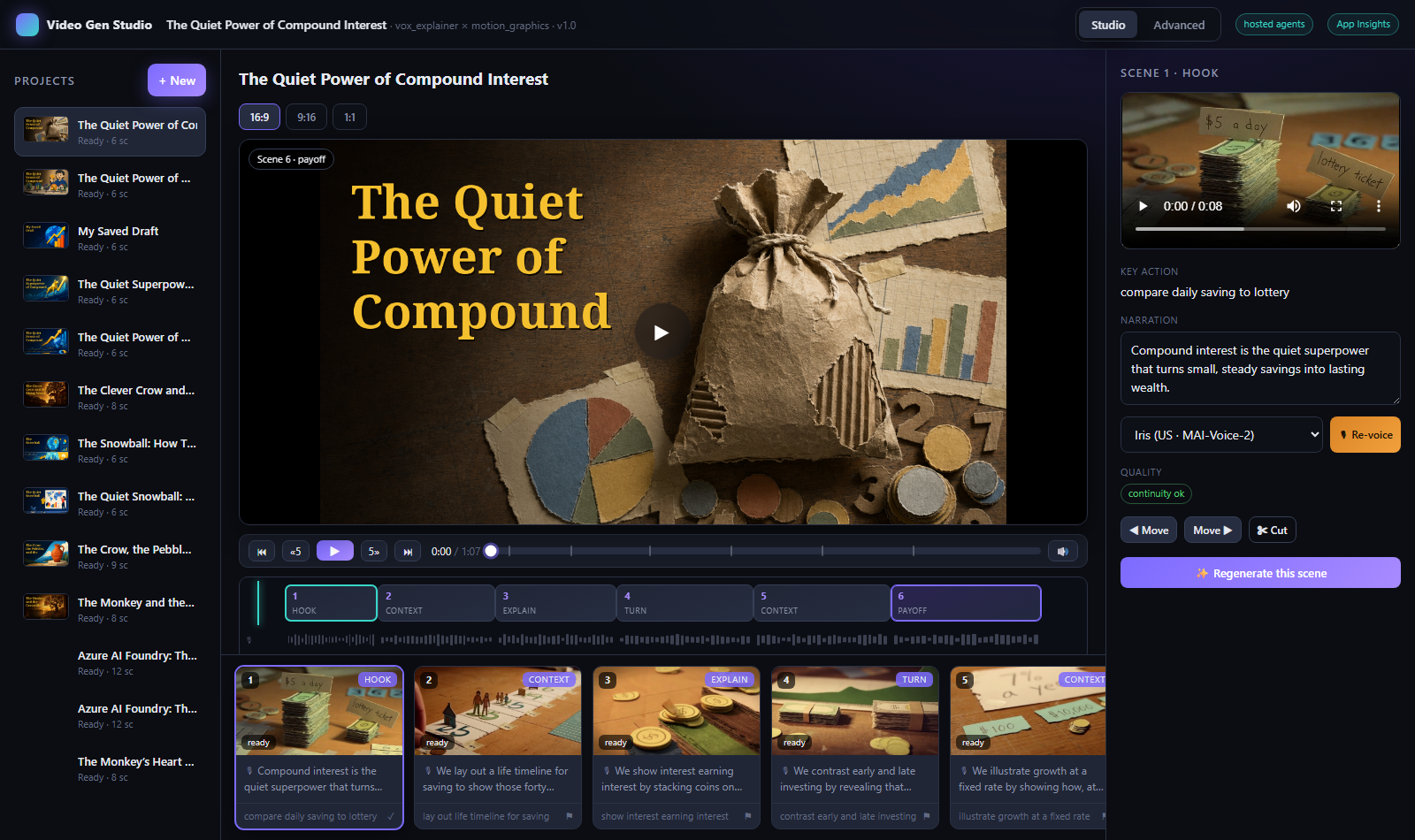 The Video Gen Studio editor: video viewer with transport, scene timeline with playhead, voice lane, and scene inspector