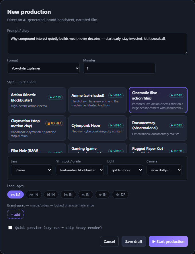 The style gallery in the create modal, with adapter badges and per-style creative controls