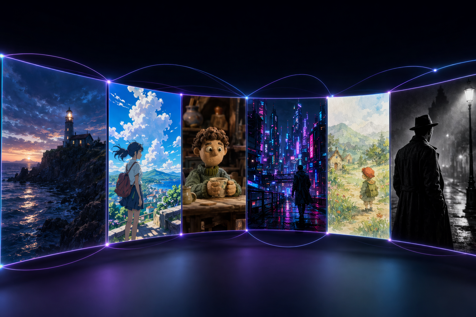 A spectrum of visual styles: cinematic, anime, claymation, cyberpunk, watercolour storybook, and film noir