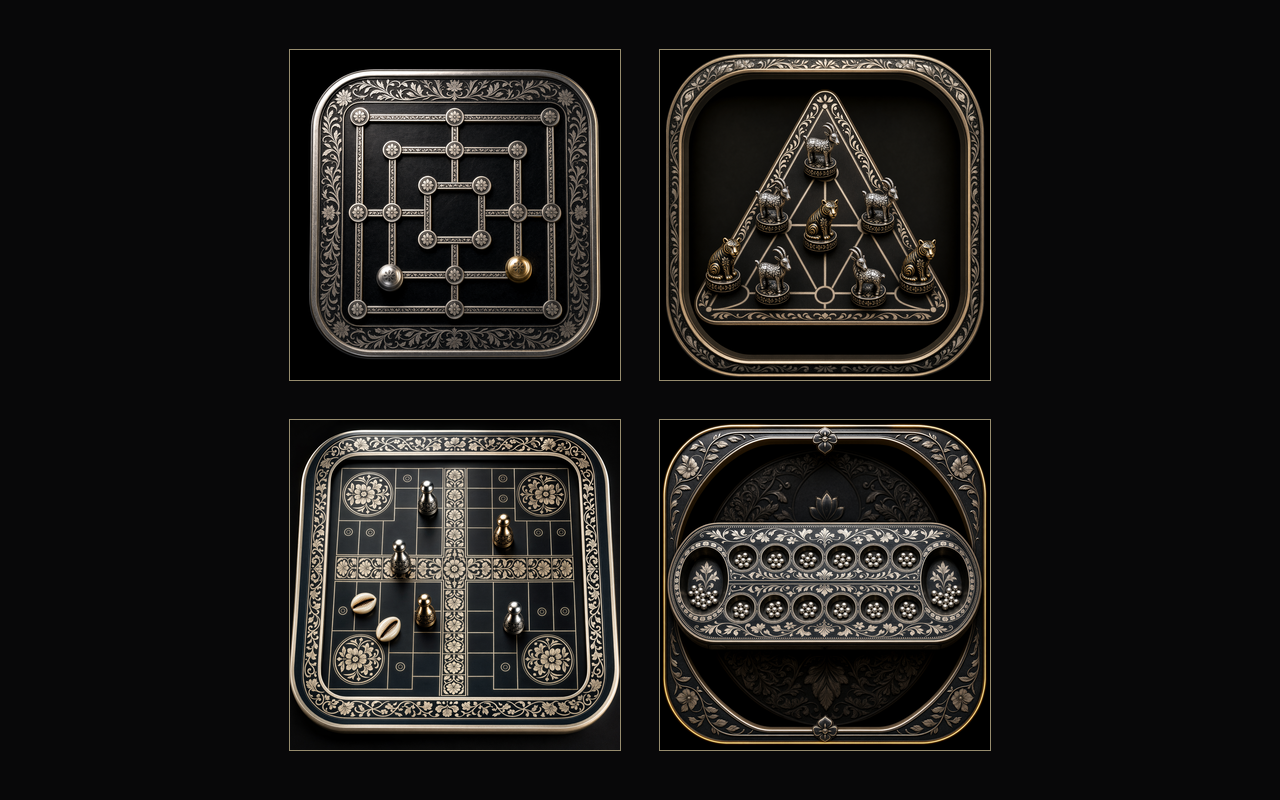 The four hand-designed Bidri boards — Saalu Mane Ata, Aadu Huli, Chowka Bara, Alaguli Mane