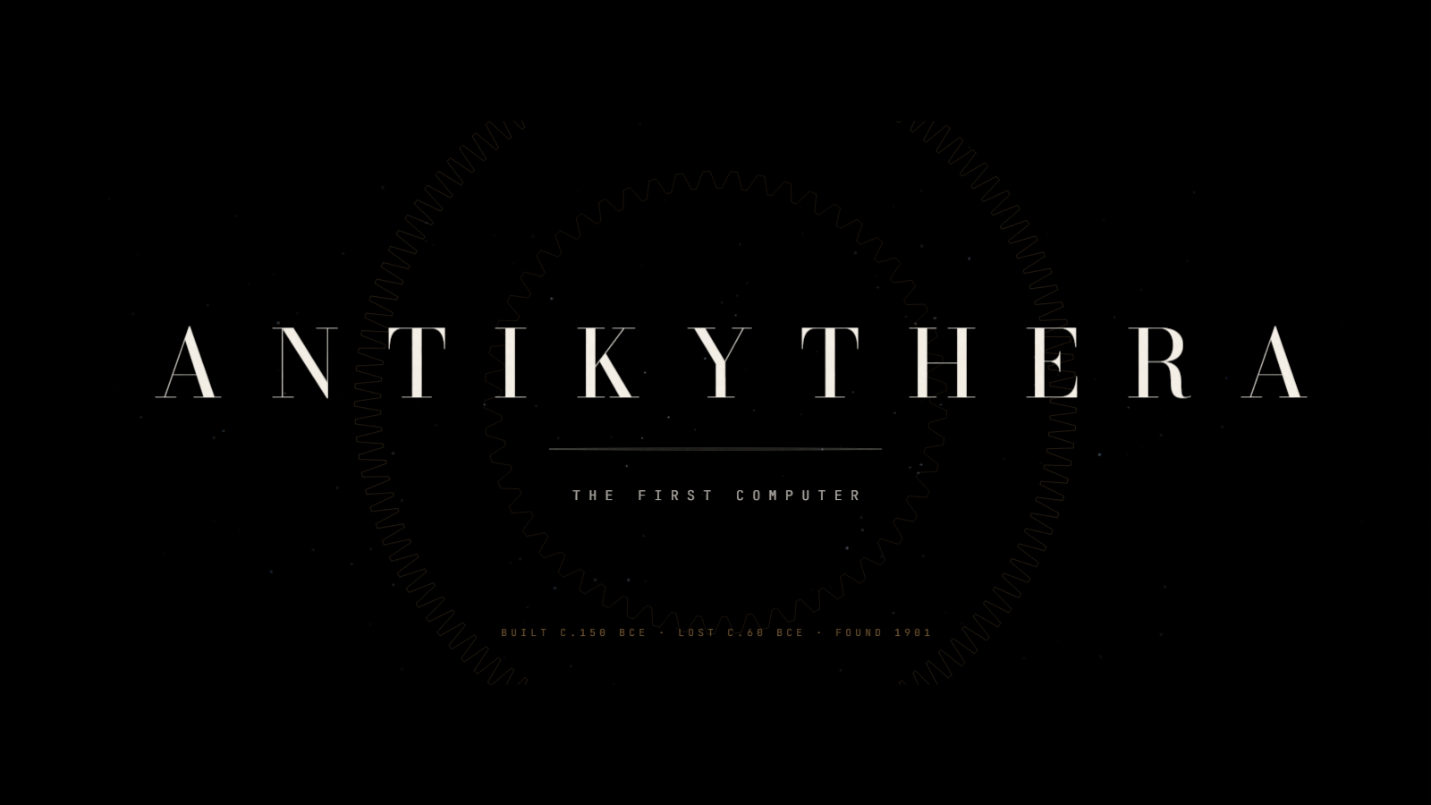 The final title card — Bodoni Moda tracking in over the rule, with a gear still turning behind