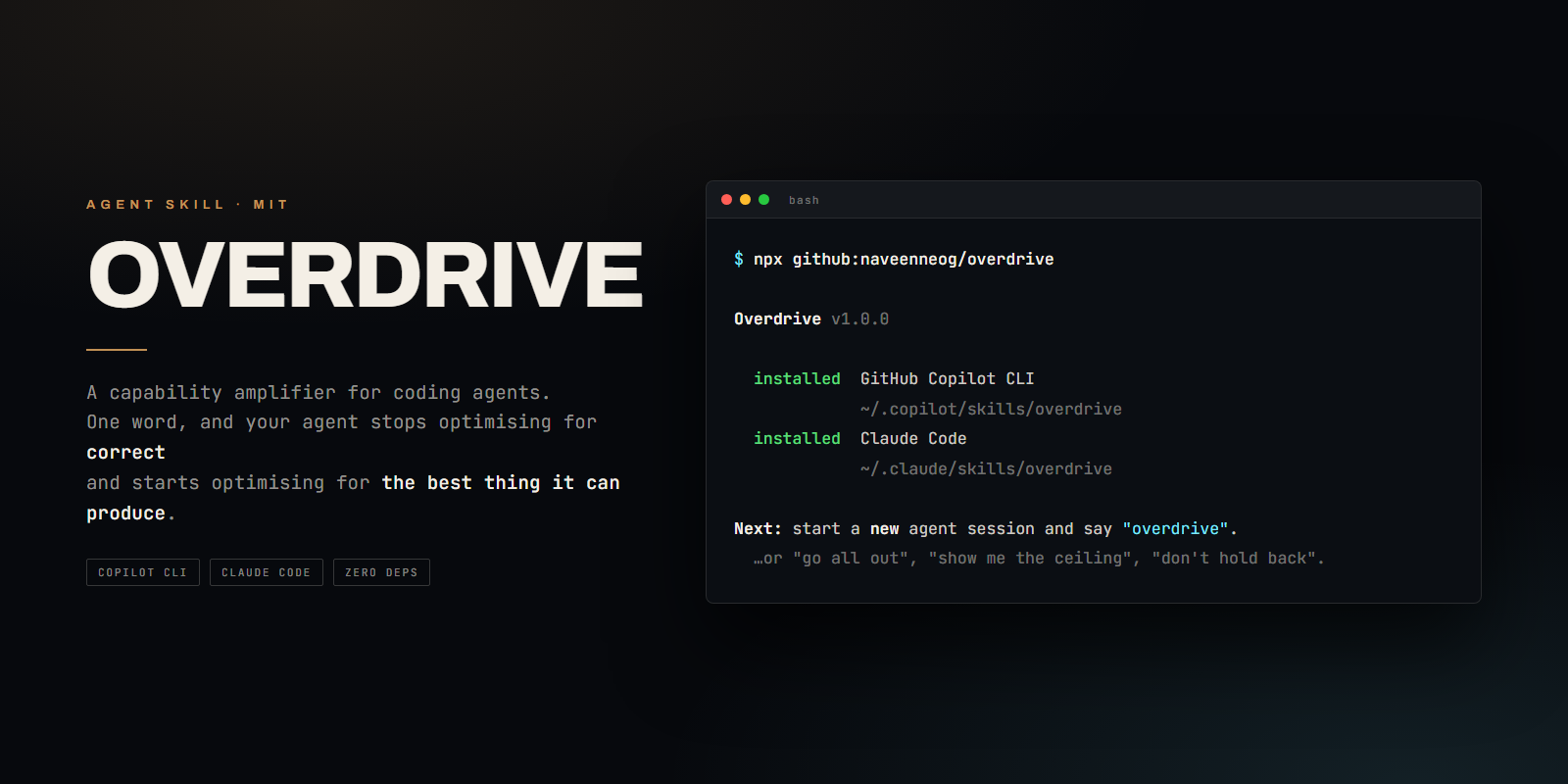Overdrive — a capability amplifier for coding agents, installed with a single npx command