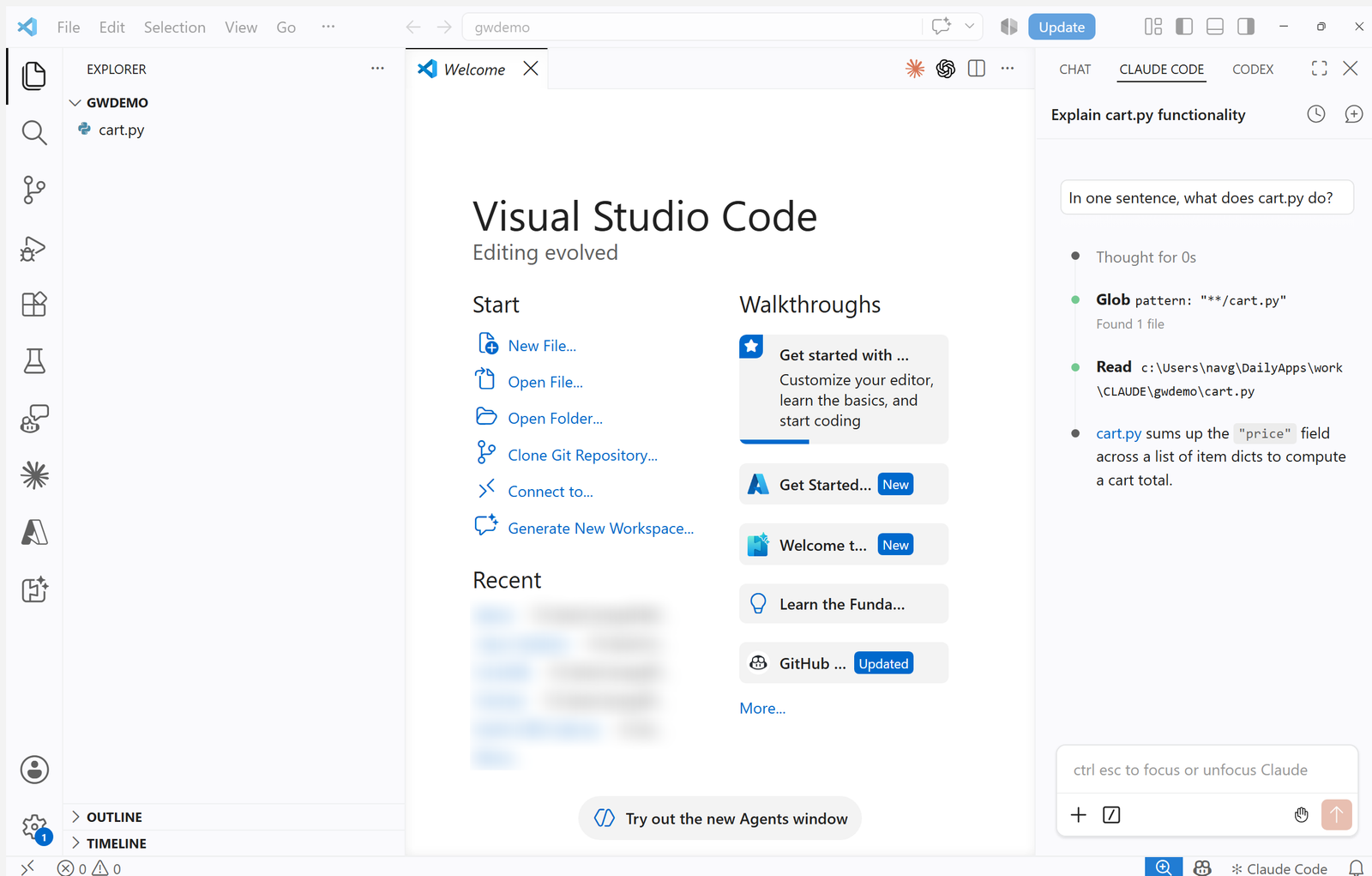 Claude Code panel in VS Code answering a question about a file through the governed gateway, having called its Glob and Read tools, with no sign-in prompt