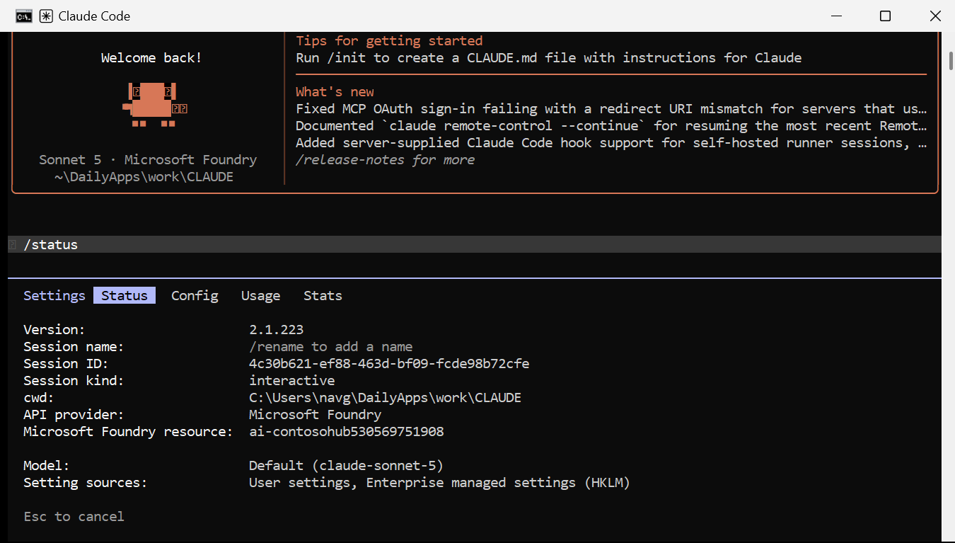 Claude Code /status output showing API provider: Microsoft Foundry, the Foundry resource name, and the model resolved to claude-sonnet-5
