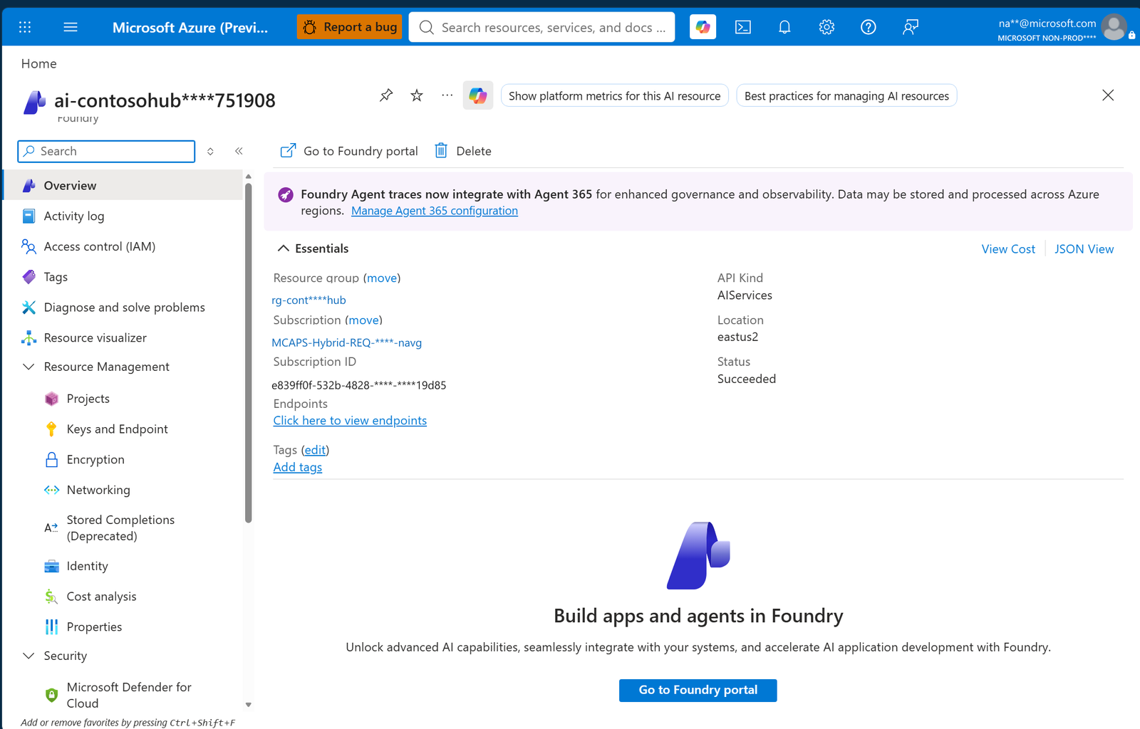 Azure portal Overview blade for a Foundry resource, with the resource name, resource group, subscription, subscription ID, location and API kind highlighted
