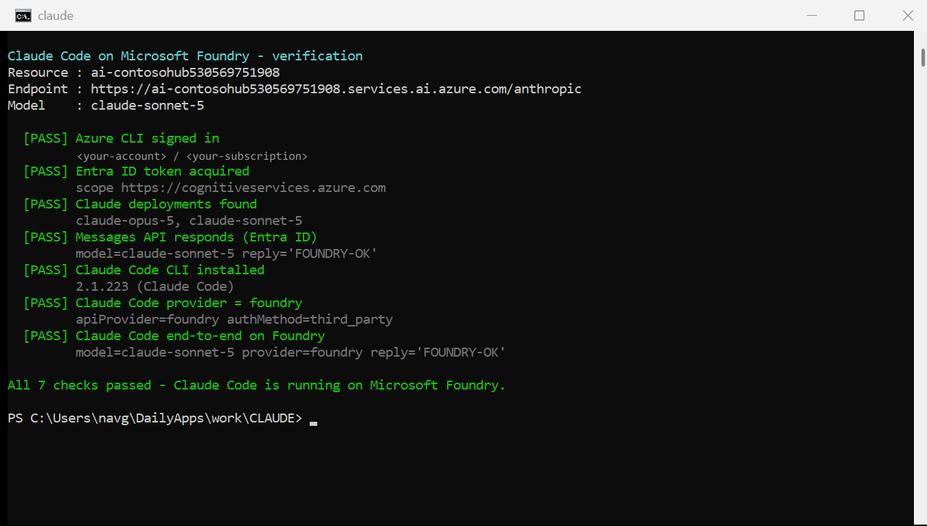 Seven verification checks passing: Azure CLI sign-in, Entra ID token, Claude deployments found, Messages API responds, CLI installed, provider equals foundry, and an end-to-end Claude Code turn