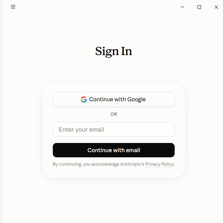 Claude Desktop sign-in offering Continue with Google or email, i.e. an Anthropic account