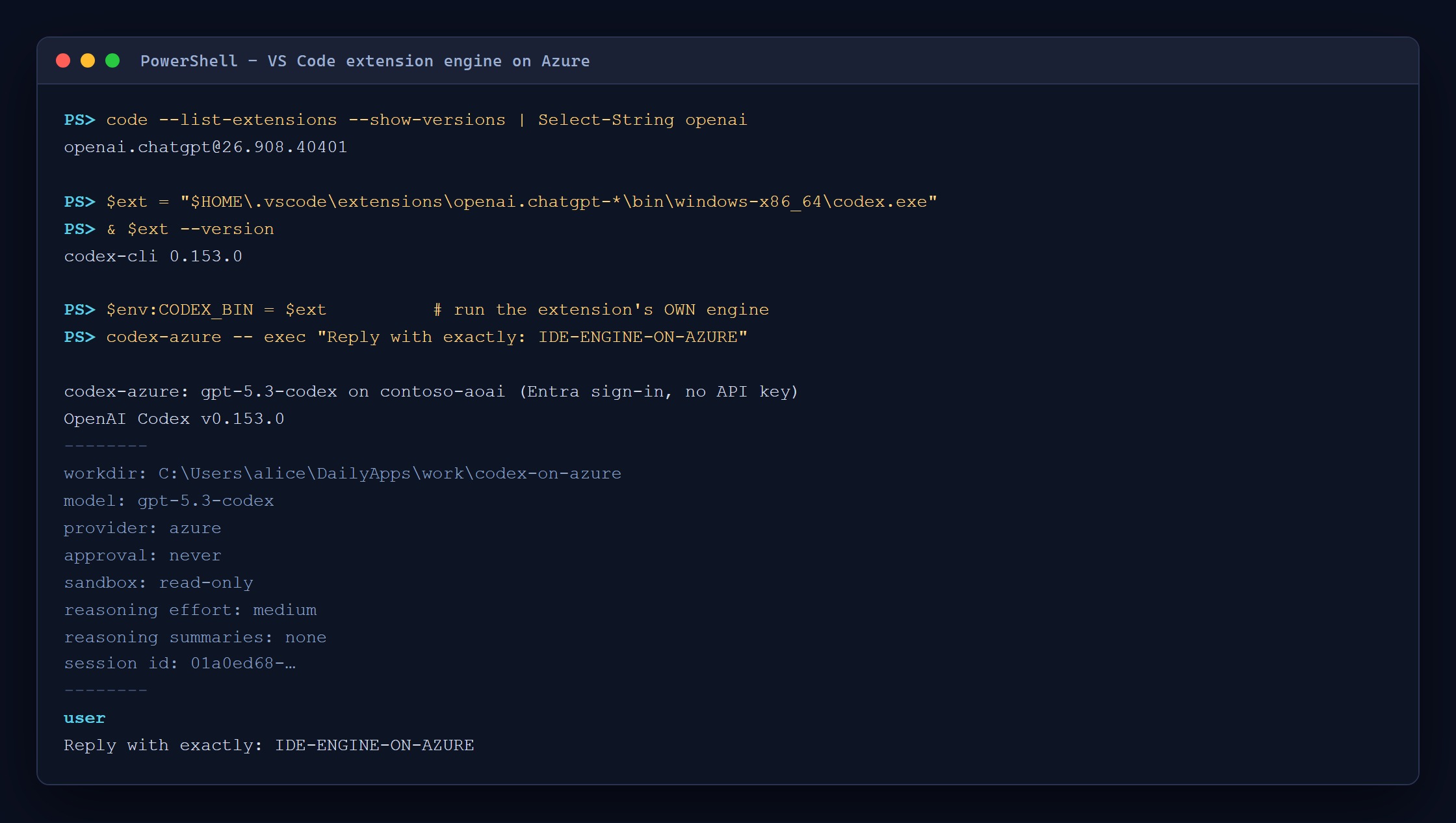 Running the VS Code extension's bundled codex.exe against Azure, showing provider azure