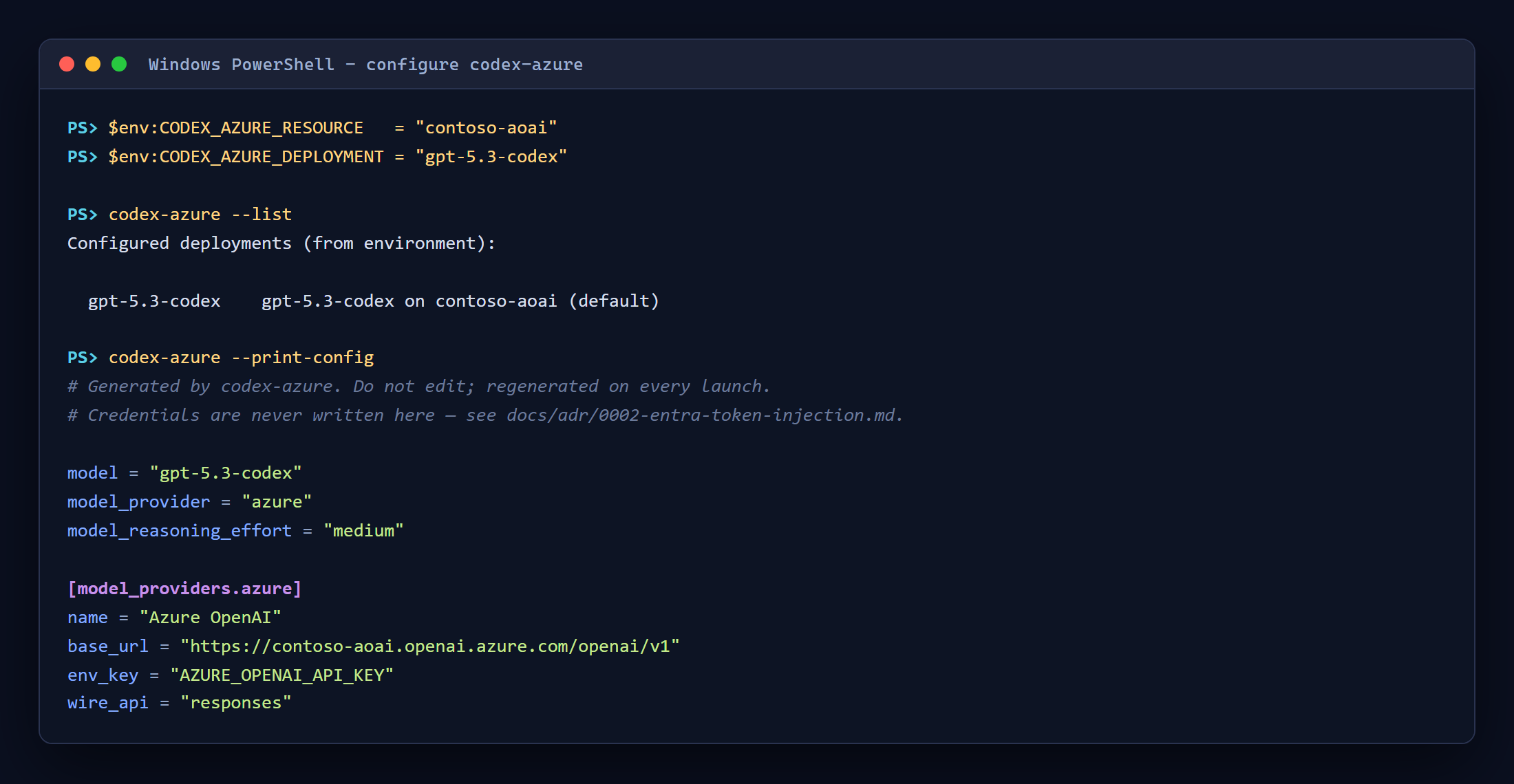 codex-azure --list showing the configured deployment, and --print-config showing the generated config.toml with model_provider azure and wire_api responses