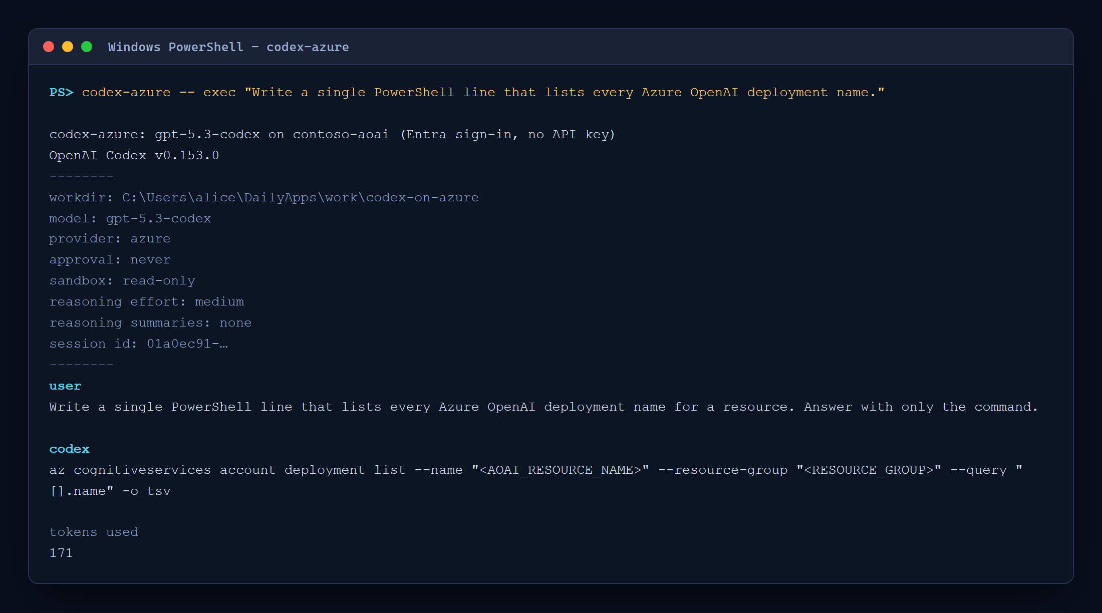 A codex-azure run showing provider azure, model gpt-5.3-codex, and the model answering with an az CLI command