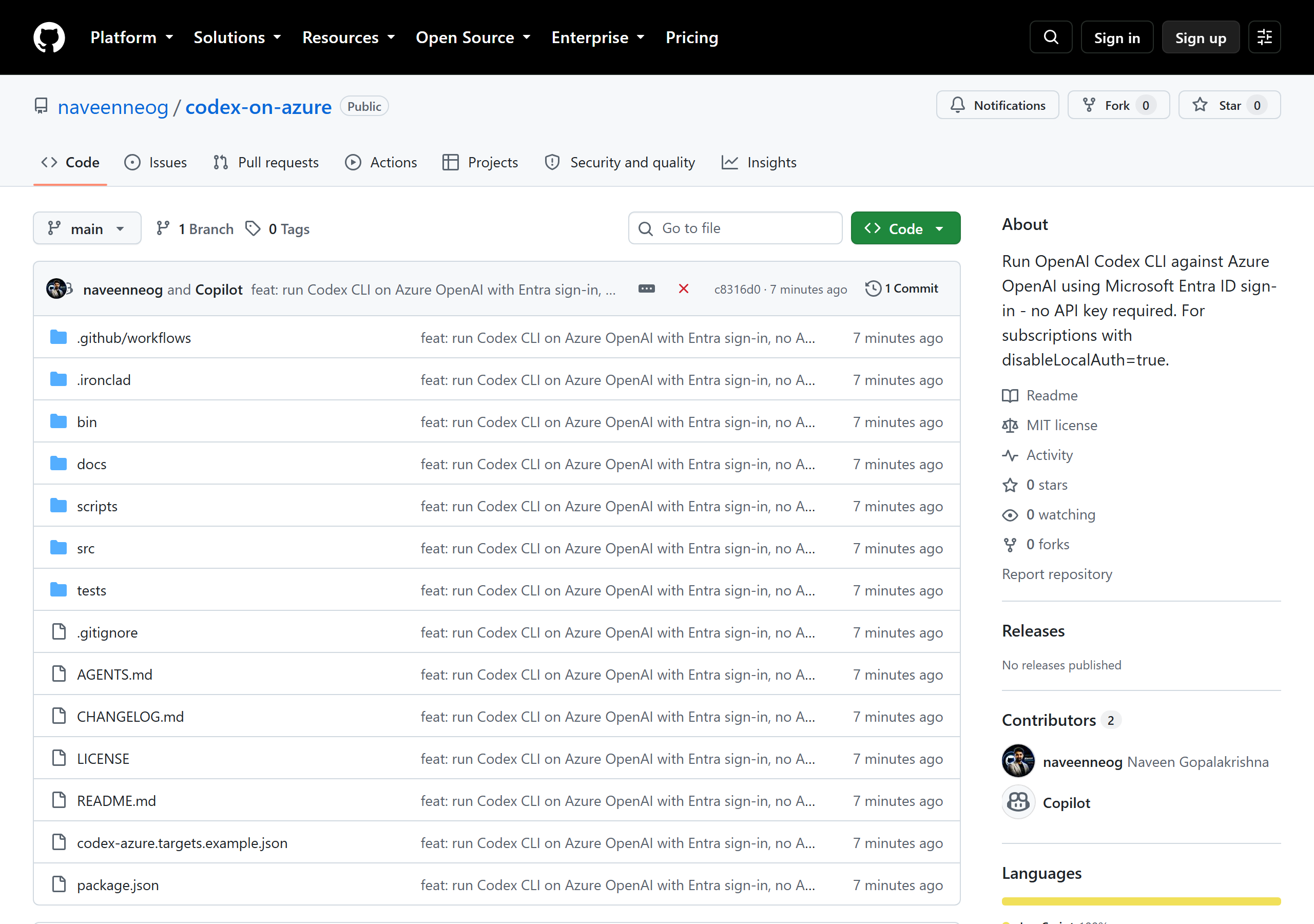 The codex-on-azure repository on GitHub