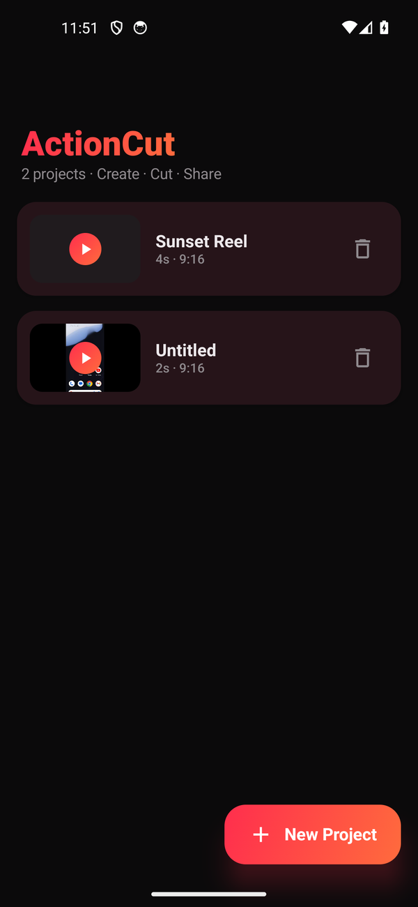 ActionCut home screen