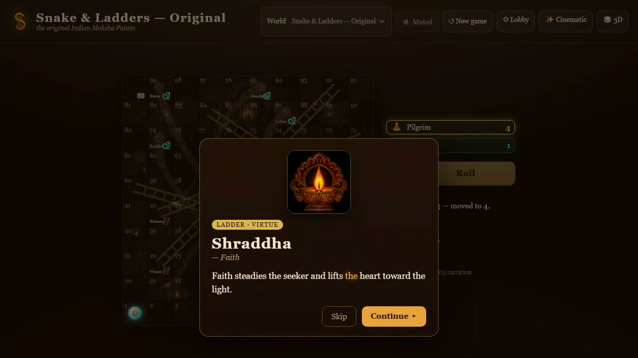 The Meaning Reveal card for Shraddha (Faith): a glowing diya lamp, the label Ladder · Virtue, and the meaning read aloud.