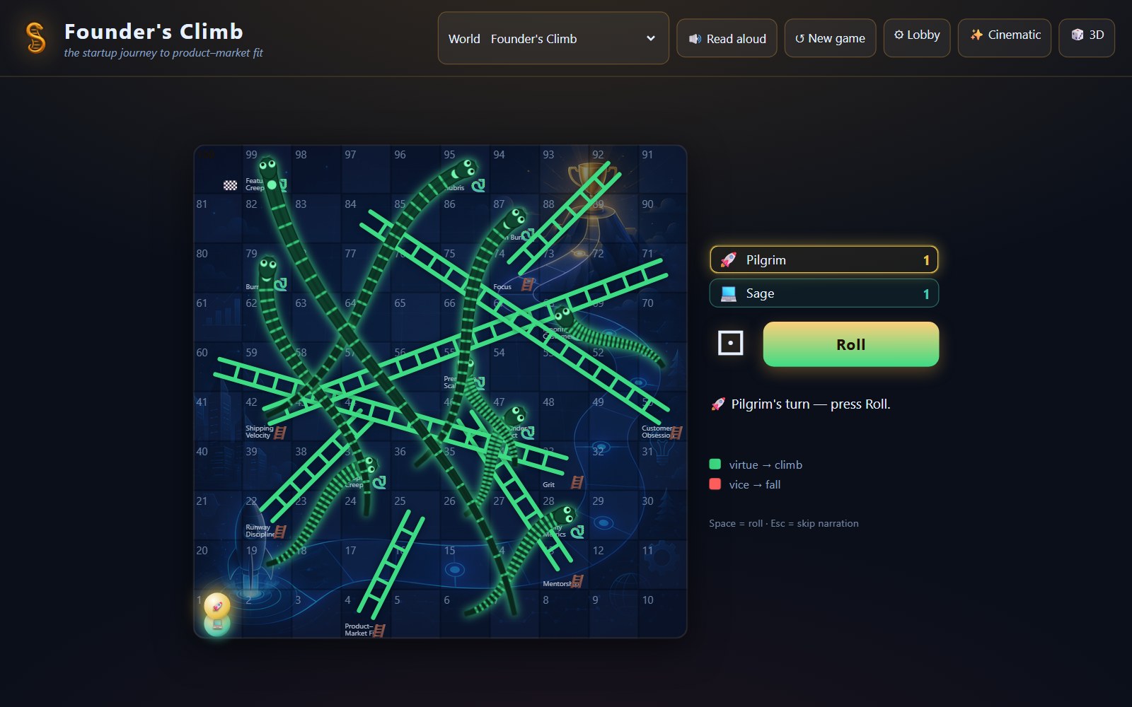 Board mode — a 2D board of Founder's Climb with glowing ladders and a two-player roster
