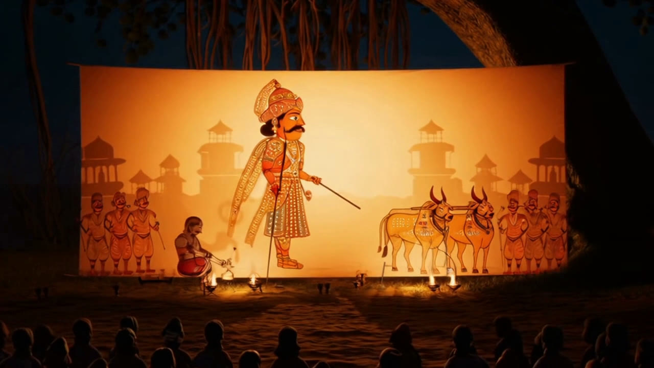 Kempegowda shadow puppet with white bullocks under a banyan tree, backlit amber screen