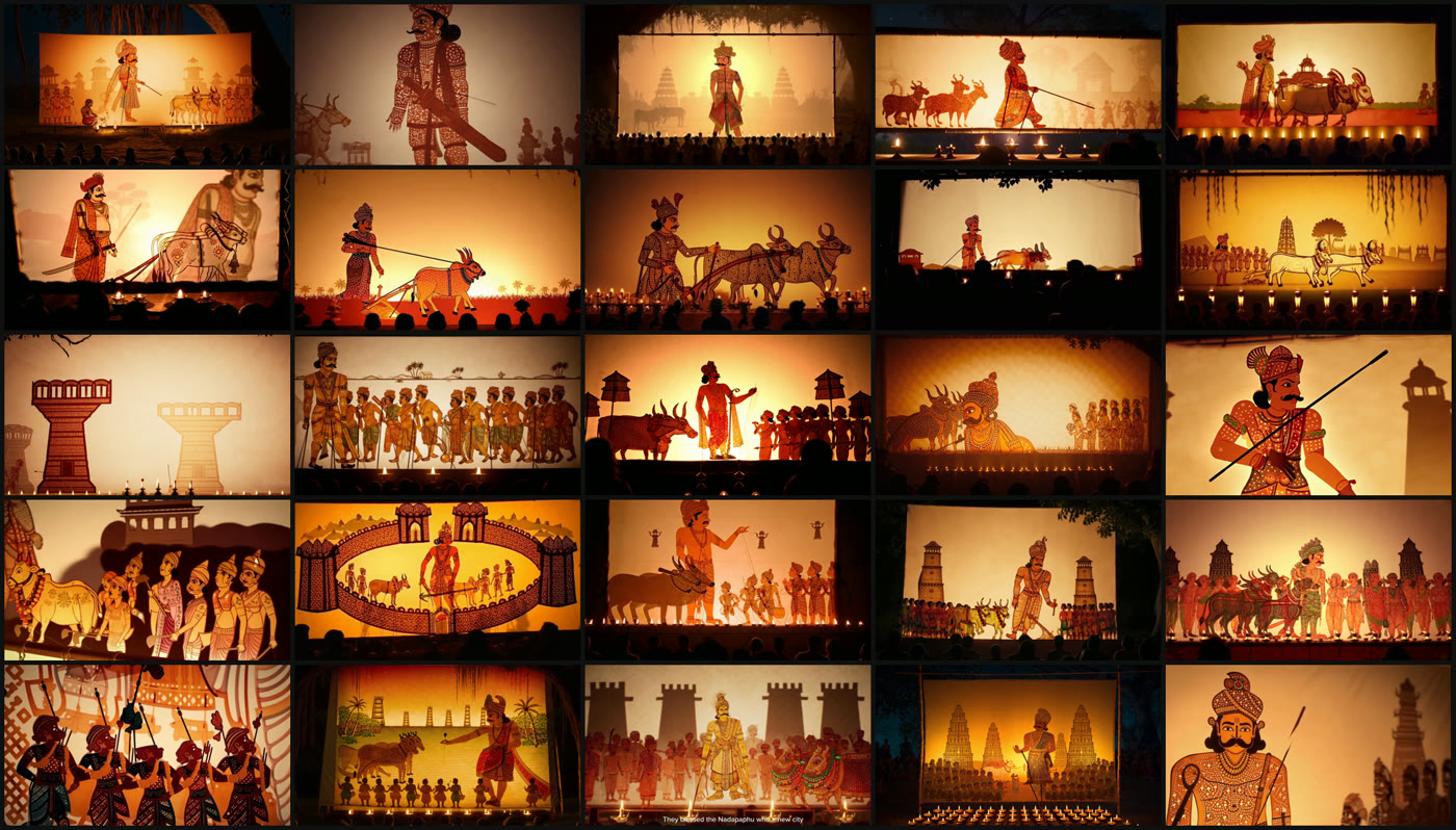 A 5x5 contact sheet of all 25 shadow-puppet scenes