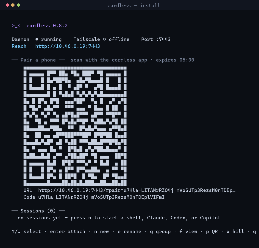 cordless dashboard with a pairing QR to scan with the phone app